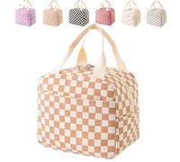 XKrmp Strawberry Tote Bag for Lunches - Reusable Lunch Bags with Shoulder Strap, Insulated, Leakproof, and Stylish Design for School, Work Commutes, or Outdoor Activities (Coffee grid)