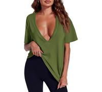 XKrmp Womens Deep V Neck Sexy Tops Summer Short Sleeve T Shirts Flattering Basic Tees Not See-Through Clothes for Going out (Green,S)