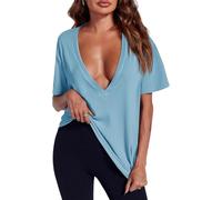 XKrmp Womens Deep V Neck Sexy Tops Summer Short Sleeve T Shirts Flattering Basic Tees Not See-Through Clothes for Going out (Sky Blue,L)