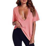XKrmp Womens Deep V Neck Sexy Tops Summer Short Sleeve T Shirts Flattering Basic Tees Not See-Through Clothes for Going out (Pink,XL)