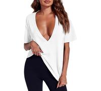 XKrmp Womens Deep V Neck Sexy Tops Summer Short Sleeve T Shirts Flattering Basic Tees Not See-Through Clothes for Going out (White,L)