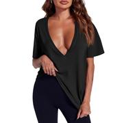 XKrmp Womens Deep V Neck Sexy Tops Summer Short Sleeve T Shirts Flattering Basic Tees Not See-Through Clothes for Going out (Black,S)