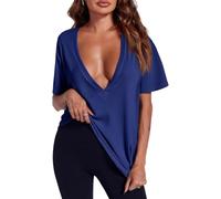 XKrmp Womens Deep V Neck Sexy Tops Summer Short Sleeve T Shirts Flattering Basic Tees Not See-Through Clothes for Going out (Navy Blue,M)