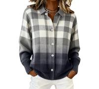XKrmp Women's Plaid Cardigan Sweater Cotton Button Up Knit Top Casual Checkered Print Cropped Shirt Collar Winter Soft (G,XL)