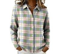 XKrmp Women's Plaid Cardigan Sweater Cotton Button Up Knit Top Casual Checkered Print Cropped Shirt Collar Winter Soft (E,3XL)
