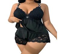 XKrmp Women's Plus Size Satin Pajama Set, Sexy Scratch-Free Floral Lace Cami & Shorts Sleepwear with Adjustable Straps (Black,10XL)