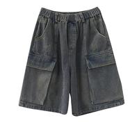 XKUN Pantaloncini Donne retrò E Vecchi Pantaloncini di Jeans alla Base di Strumenti di Grandi Dimensioni Gamba Larga A Cinque Punti-Blue,S