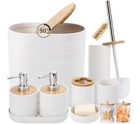 XLHOMO Set di accessori da bagno bianco con bidone della spazzatura, 3 dispenser per sapone, portasapone, portaspazzolino, tazza per spazzolino, scopino per WC, vassoio e porta Qtip per la decorazione