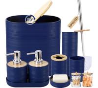 XLHOMO Set di accessori da bagno blu navy con bidone della spazzatura, 2 dispenser per sapone, portasapone, portaspazzolino, tazza per spazzolino, scopino per WC, vassoio e porta Qtip per decorazione