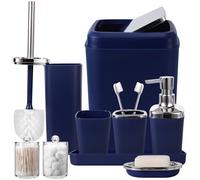 XLHOMO Set di accessori da bagno in plastica da 9 pezzi, con pattumiera, portaspazzolino, bicchiere per spazzolino, dispenser di sapone, portasapone, porta scopino per WC, 2 dispenser Q-Tip e vassoio