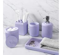 XLHOMO Set di accessori da bagno in resina viola chiaro, 5 pezzi, dispenser di sapone per lozione, portaspazzolino, bicchiere da bagno, supporto Qtip e vassoio da toeletta, set organizer da bagno per