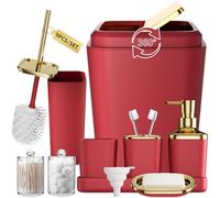 XLHOMO Set di accessori da bagno rosso scuro, set da 9 pezzi bordeaux con bidone della spazzatura, bicchiere per spazzolino, dispenser per sapone, portasapone, porta scopino per WC, 2 dispenser Qtip e