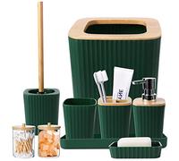 XLHOMO Set di accessori da bagno verde scuro, 9 pezzi verde con cestino, vassoio, dispenser di sapone, portaspazzolino, portaspazzolino, portasapone, scopino per WC e porta Q-tip