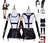 XLJLKJDS Gioco Final Fantasy VII Remake Tifa Lockhart Costume Cosplay Completo Uniforme Nera Set Completo Carnevale di Halloween Abito con Parrucca Copricapo Orecchini per Donne Ragazze