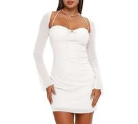 XLLAIS Mini Abito Aderente in Rete con Orlo a Spacco da Donna, con Maniche Lunghe e Maniche a Sbuffo, Bianco 1, S