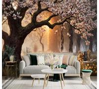 XLMING 3D Carta da Parati Albero Di Ciliegio Rosa Parco Panchina Alba Prato | Texture in Seta di Alta Qualità Ideale per Studi Uffici Sale da Pranzo Divani Camere Letto Soggiorni Dietro la TV-300cm×210cm