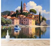 XLMING 3D Carta da Parati Costa Soleggiata Case Cipressi Barchette Lago | Seta Testurizzata di Alta Qualità Ideale per Studio Sala Pranzo Soggiorno Camera Letto Divano Decorazione TV Muro-430cm×300cm