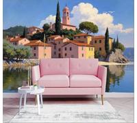 XLMING 3D Carta da Parati Costa Soleggiata Case Pini Barchette Lago | Texture in Seta di Alta Qualità Ideale per Studi Uffici Sale da Pranzo Divani Camere Letto Soggiorni Dietro la TV-250cm×170cm