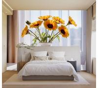 XLMING 3D Carta da Parati Girasoli Gialli Vaso Bianco Luce Soffusa Finestra | Texture in Seta di Alta Qualità Ideale per Studi Uffici Sale da Pranzo Divani Camere Letto Soggiorni Dietro la TV-350cm×256cm