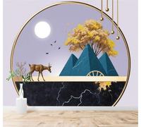 XLMING 3D Carta da Parati Luna Cervo Montagne Alberi Dorati Paesaggio | Texture in Seta di Alta Qualità Ideale per Studi Uffici Sale da Pranzo Divani Camere Letto Soggiorni Dietro la TV-250cm×170cm