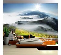 XLMING Bella Alba Cima Montagna Nebbiosa Scala Di Legno Prato 3D Carta da Parati Tessuto in Seta Ufficio Sala Pranzo Divano Camera Soggiorno TV Sfondo Muro-200cm×140cm