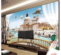 XLMING Bellissimo Balcone Uccelli In Volo Edifici Cittadini Fiume 3D Carta da Parati Tessuto in Seta Ufficio Sala Pranzo Divano Camera Soggiorno TV Sfondo Muro-350cm×256cm