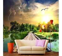 XLMING Bello Bosco Stagno Passerella Di Legno Cielo Alba 3D Carta da Parati Premium Aspetto Della Seta Studio Soggiorno Camera Letto Parete Divano Muro-150cm×105cm