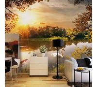 XLMING Bello Tramonto Grande Lago Cigni Bosco 3D Carta da Parati Premium Aspetto Della Seta Studio Soggiorno Camera Letto Parete Divano Muro-400cm×280cm