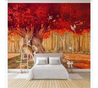 XLMING Cartone Animato Foresta Alce Volo degli Uccelli Albero Rosso 3D Carta Da Parati Seta Testurizzata Alta Qualità Soggiorno Divano Camera Letto Pranzo Casa Muro-400cm×280cm