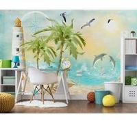 XLMING Cartoni Animati Fari Palme Mare Castelli 3D Carta Da Parati Lusso Casa Soggiorno Divano Mobili Floreale Camera Letto TV Sfondo Muro-350cm×256cm