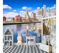 XLMING Cielo Blu Nuvole Bianche Città Edifici Fiumi 3D Carta Da Parati Lusso Casa Soggiorno Divano Mobili Floreale Camera Letto TV Sfondo Muro-150cm×105cm