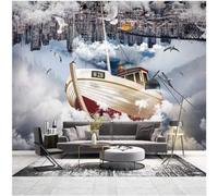 XLMING Città Architettura Navigazione Nuvole Bianche Cielo Grandi Navi 3D Carta da Parati Premium Aspetto Della Seta Studio Soggiorno Camera Letto Parete Divano Muro-350cm×256cm