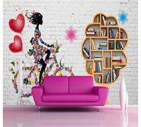 XLMING Creatività Bianco Muro Di Mattoni Libreria Ragazza Carta Da Parati 3D Seta lusso Studio Sala Pranzo Divano Camera Per Mobili Letto Soggiorno Tv Muro-350cm×256cm