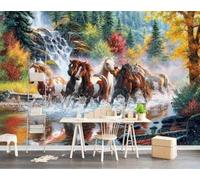 XLMING Dipinto A Mano Bella Foresta Paesaggio Fiume Cavallo 3D Carta da Parati Premium Aspetto Della Seta Studio Soggiorno Camera Letto Parete Divano Muro-430cm×300cm