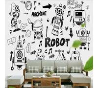 XLMING Disegnato A Mano Arte Graffiti Robot Bianco E Nero Linee 3D Carta da Parati Premium Aspetto Della Seta Studio Soggiorno Camera Letto Parete Divano Muro-350cm×256cm
