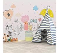 XLMING Disegnato A Mano Cartoni Animati Elefanti Ombrelli Stelle Nuvole Bianche 3D Carta da Parati Tessuto in Seta Ufficio Sala Pranzo Divano Camera Soggiorno TV Sfondo Muro-350cm×256cm