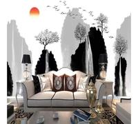 XLMING Disegnato A Mano Inchiostro Alba Barca Montagne Cascata 3D Carta da Parati Premium Aspetto Della Seta Studio Soggiorno Camera Letto Parete Divano Muro-300cm×210cm