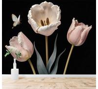 XLMING Elegante Bello Tulipano Rosa Farfalla Nero 3D Carta da Parati Premium Aspetto Della Seta Studio Soggiorno Camera Letto Parete Divano Muro-400cm×280cm