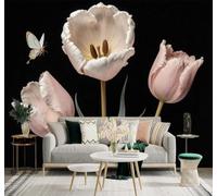 XLMING Elegante Bello Tulipano Rosa Farfalla Nero 3D Carta da Parati Tessuto in Seta Ufficio Sala Pranzo Divano Camera Soggiorno TV Sfondo Muro-250cm×170cm