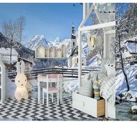 XLMING Estetica Montagne Innevate Boschi Fiumi Ponte Di Legno 3D Carta Da Parati Lusso Casa Soggiorno Divano Mobili Floreale Camera Letto TV Sfondo Muro-200cm×140cm