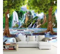 XLMING Foresta Cascata Uccelli In Volo Alba Paesaggio 3D Carta da Parati Tessuto in Seta Ufficio Sala Pranzo Divano Camera Soggiorno TV Sfondo Muro-350cm×256cm