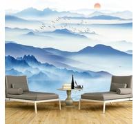 XLMING Inchiostro Blu Montagne Fiume Uccelli Alba 3D Carta da Parati Premium Aspetto Della Seta Studio Soggiorno Camera Letto Parete Divano Muro-430cm×300cm
