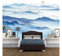 XLMING Inchiostro Blu Montagne Fiume Uccelli Alba 3D Carta Da Parati Seta Testurizzata Alta Qualità Soggiorno Divano Camera Letto Pranzo Casa Muro-430cm×300cm