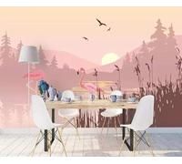 XLMING Inchiostro Rosa Paesaggio Fenicotteri Alba 3D Carta Da Parati Lusso Casa Soggiorno Divano Mobili Floreale Camera Letto TV Sfondo Muro-300cm×210cm