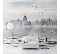 XLMING Lago In Bianco E Nero Architettura Uccelli In Volo Cigni Carta Da Parati 3D Seta lusso Studio Sala Pranzo Divano Camera Per Mobili Letto Soggiorno Tv Muro-350cm×256cm