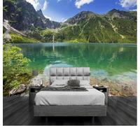 XLMING Montagne Verdi Acque Cristalline Paradiso Terrestre Paesaggio Lago Panorama 3D Carta da Parati Tessuto in Seta Ufficio Sala Pranzo Divano Camera Soggiorno TV Sfondo Muro-300cm×210cm