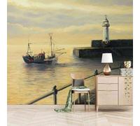 XLMING Piccola Barca Con Faro Marino Dipinta A Mano In Stile Retrò 3D Carta da Parati Tessuto in Seta Ufficio Sala Pranzo Divano Camera Soggiorno TV Sfondo Muro-350cm×256cm