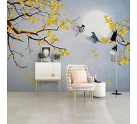 XLMING Ramo Di Luna Volo degli Uccelli Ginkgo Biloba D'Oro 3D Carta da Parati Premium Aspetto Della Seta Studio Soggiorno Camera Letto Parete Divano Muro-250cm×170cm