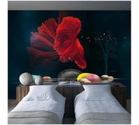 XLMING Retrò Arte Rosso Pesci Ciottoli Alberi Grandi 3D Carta da Parati Premium Aspetto Della Seta Studio Soggiorno Camera Letto Parete Divano Muro-350cm×256cm