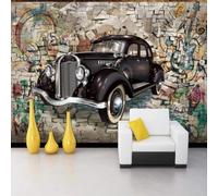 XLMING Retrò Disegnato A Mano Arte Auto D'Epoca Muro Rotto Musica 3D Carta da Parati Premium Aspetto Della Seta Studio Soggiorno Camera Letto Parete Divano Muro-400cm×280cm
